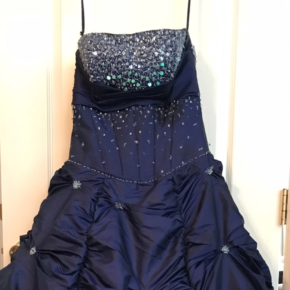 Blue Satin Beaded Ball Gown